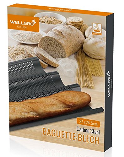 WELLGRO® Baguette-Blech – für bis zu 3 Baguettes – Baguetteblech mit Antihaftbeschichtung – 38,5 x 25,5 x 4 cm - 4