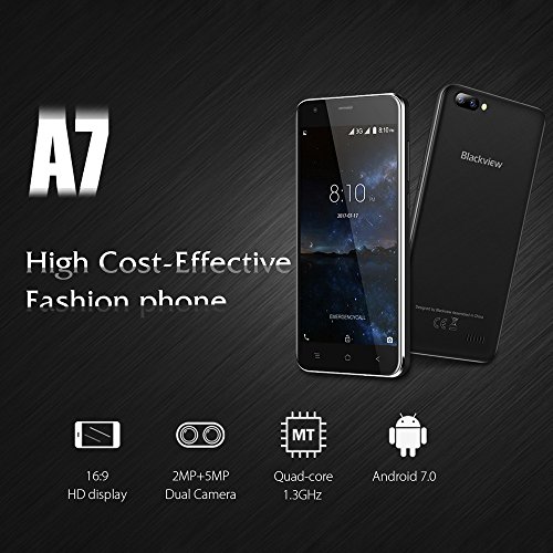 GÃ¼nstiges Handy Ohne Vertrag, Blackview A7 Dual SIM Smartphone Handy mit 5.0 Zoll HD IPS Display - Android 7.0 Smartphone - Quad Core 1.3GHz - Hintere Dual Kamera 5.0MP - 2800mAh GroÃŸe Batterie - 8GB ROM - Schwarz