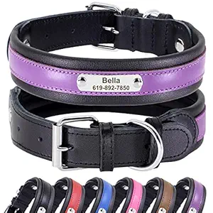 PET ARTIST Studded Purple Leather Dog Collar with Name Plate - Personalized Leather Dog Collars for Large Dogs - Free Engraved with ID Tags, L(Neck 15.5-20.5'')