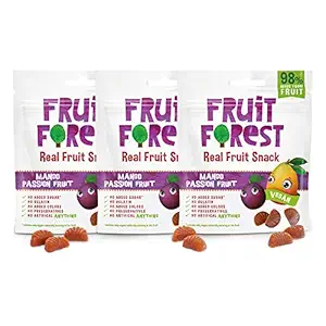 Fruit Forest Real Fruit Gummy Mango Passion Fruit Pack of 3 | Vegan | No Added Sugar | 100% Natural | for Kids & Adults | Gluten Free | Low Calorie Snack | Mango Passion Fruit Flavour (3 X 30 GMS )ngo Passion Fruit Flavour (3 X 30 Gms )
