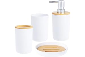 Kinsinder 4 Stück Bambus Badezimmer Zubehör Set, Bad Accessoire Set Zahnputzbecher, Bambus Bad Zubehörset mit Zahnbürstenhalter, Mundwasser Cup, Lotion Flasche und Seifenschal (Weiß)