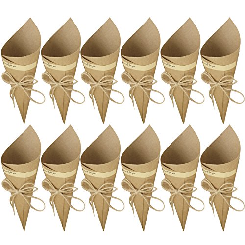 50 Piezas Conos arroz Boda - Bolso boda para confeti o bolsa cucuruchos de papel kraft cono de arroz, cuerda de cáñamo, cinta de doble cara, etiqueta adhesiva (Color Marrón)