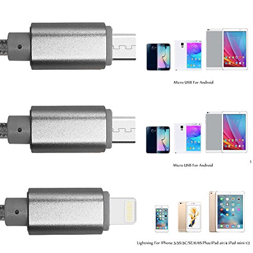 USB Kabel, 3 in 1 Lightning & Micro USB Nylon geflochtenes Ladekabel mit 8 Pin Lightning / Micro USB 2.0 Anschlüsse für iPhone 6 / 6S plus / 5 / SE, iPad Air / mini, Android-Geräte(2 Micro&1 Lightning -Silber) - 2