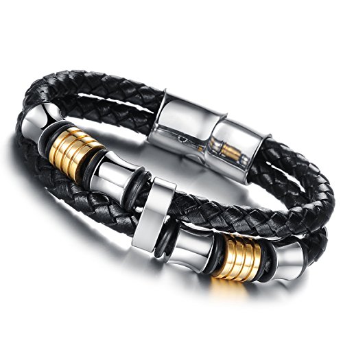 Cupimatch Herren Schwarz geflochtenem Leder Manschette Wrap Armband mit Edelstahl Magnetverschluss, 20,1 cm… (Typ3)