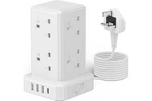 Prettivo Tower Power Strip - Surge Protection, 8 Outlets & 4 USB, Switch, 2M Cable - Multi Socket Extension for Home and Office Use