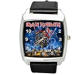 taport® Armbanduhr Iron Maiden quadratisch QUARZ schwarz Echt Leder Band + Gratis Ersatz Batterie + Gratis Geschenkverpackung