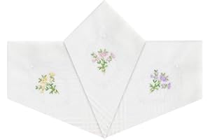 WARWICK & VANCE 3 Stück Damen Taschentücher mit Blumenstickerei mit weißen Satinborten, 100% Baumwolle, 29 x 29 cm