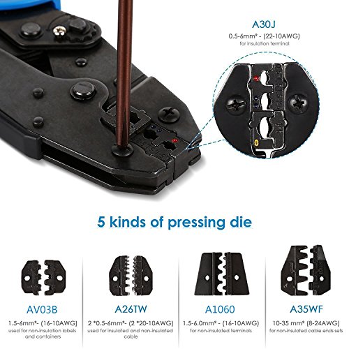 Amzdeal Crimpzange mit 5 wechselbaren Einsatzbacken inkl. Praktische Tasche und Kreutzschlitz Schraubendreher - 5