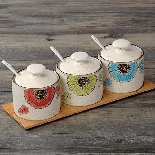 Spice Jar Creativity Hand Painted Pattern Cover spoon storage sugar coffee tea Condiments Cans Seasoning Bottle Canned Food Cooking and Dining -Set of 3 -400ml , sesame points hanada seasoning pot set