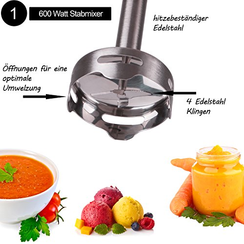 TZS First Austria – 600 Watt 3 in 1 Stabmixer Set mit Edelstahl Pürierstab | hitzebeständig | 4 Klingen | 2 Geschwindigkeitsstufen und Feinregler | 600 Watt Zerkleinerer und elektrischer Schneebesen - 2