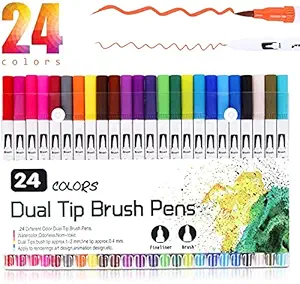 Watercolor Dual Tip Brush Pens, Set of 24 Colors Watercolor Markers and Water Pen, Flexible Real Brush Tips, Paint Pens for Artists, Beginners, Adults and Kids Coloring, Calligraphy and Drawing