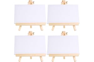 BEOIUCZZY 4 Stück Tischstaffelei Holz Leinwand Ständer Set, 15 x 20cm Leinwand mit 18 x 24 cm Staffelei Kleine Tischstaffelei Holz StäNder Stativ Zum Zeichnen, Tisch Deko für Hochzeit Geburtstag Taufe Party