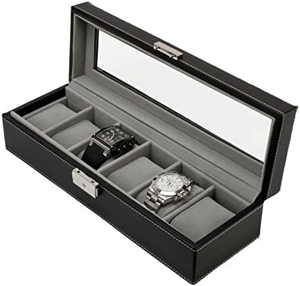 Haahaha Watch Box 6 Mens Black Leather Display Glass Top Jewelry Box Case Organizer