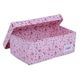 Minene Small Foldable Fabric Storage Box L32xW21xH12cm Linen Cosmetic Stationery Organiser with Flowers (Pink)