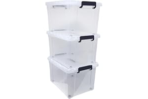 BARGAIN FACTORY 3 x Clear Plastic Storage Container Large Boxes With Lids, Closing Clips and Wheels 43L Integrated Handles Stackable BPA Free Box For Bedroom Office Living Room Kitchen