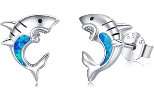 MEDWISE Pendientes de tiburón de plata de ley 925 con ópalo de tiburón para niñas, bonitos aretes de animales, joyería hipoalergénica, regalo para mujeres y niños