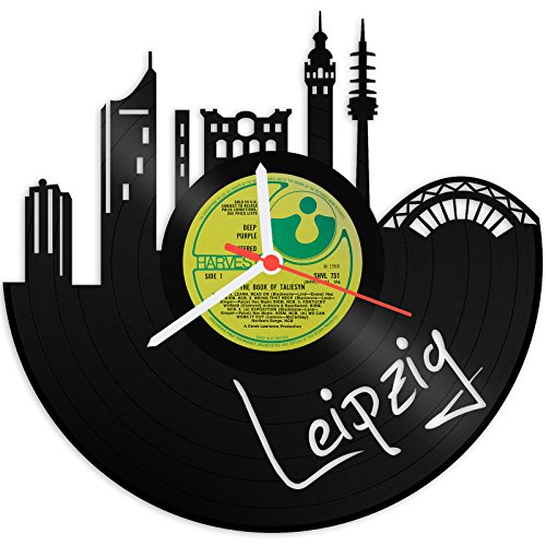 Wanduhr aus Vinyl Schallplattenuhr Skyline Leipzig Upcycling Design Uhr Wand-Deko Vintage-Uhr Wand-Dekoration Retro-Uhr Made in Germany