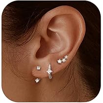 3 Paires Boucles D'Oreilles Argent 925 - Hypoallergénique - Zirconium - Style Créole/Clou