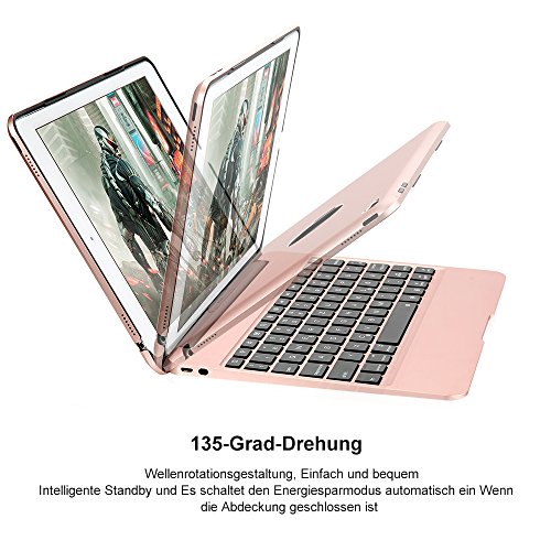 iPad Pro 9.7 Tastatur Fall, iEGrow F06 Dünn Aluminum Bluetooth Tastatur mit Schutzhülle Abdeckung und 7 Farbe Hintergrundbeleuchtung für iPad Air 2 und Pro 9.7 [QWERTZ deutsches Tastaturlayout] Rose Gold - 2