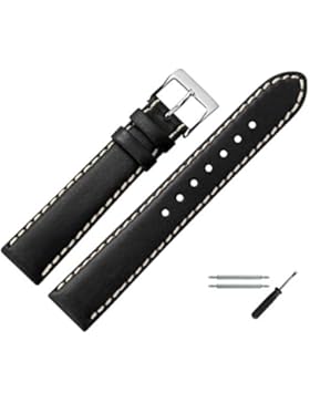 Uhrenarmband 22mm Leder Schwarz - Echtes Rindsleder, Mit Heller Naht - Inkl. Federstege / Werkzeug - Ersatzarmband...