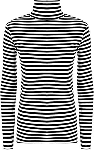 Zara Fashion -Women's Polo Cowl Neck Striped Monochrome Print Stretch Top (ML, BLACK WHITE)