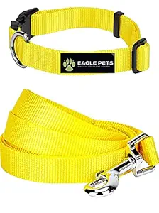 Eagle Pets Dog Collar and Leash Set, Adjustable Nylon Collar with Leash for Small Medium and Large Dogs, Quick Release and Breathable Collar for Puppies . (Yellow, XS) (Yellow, Large)