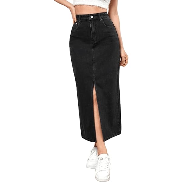 Buy Women's Denim Maxi Skirt High Waist A-line Raw Hem