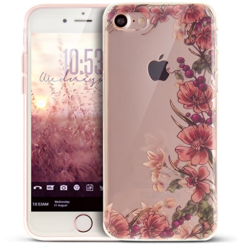 Kompatibel mit iPhone 8 Hülle,iPhone 7 Hülle,ikasus Bunte Kunst Gemalt Muster Kristallklar TPU Silikon Handy Hülle Tasche Crystal Case Durchsichtig Schutzhülle für iPhone 8/7 Hülle,Retro Rosa Blumen