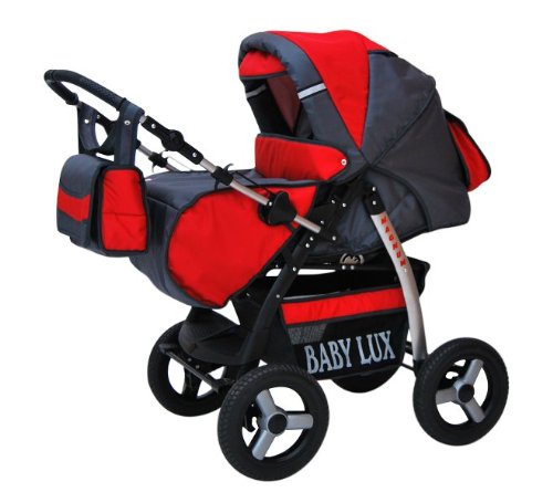 Lux4Kids Magnum 2 in 1 Pram Combi Stroller & Pushchair (rain cover, mosquito net, cup holder, changing pad, 47 colors) 09 Graphite & Red