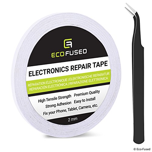 ECO-FUSED Cinta Adhesiva para la reparación de teléfonos celulares - 2mm Cinta - Tambien Incluye 1 par de Pinzas Paño de Limpieza de Microfibra (Blanco)