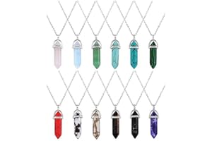 YiYaO Pendentifs Point de Quartz,Pendentif Pierre Naturelle 12 Pièces Collier Hexagonal Colliers à Pierres Précieuses à Quartz à Quartz Pointé avec Sac à Rangement, 12 Couleurs