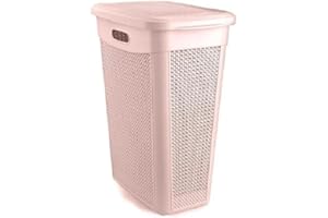 OPTIMAL PRODUCTS 52L,50L,43L & 9L Plastic Slim Lid Bin Laundry Basket Clothes Washing Hamper Organiser Storage Container (43 Litre Soft Pink)