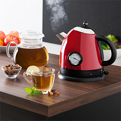 Klarstein • Aquavita • Wasserkocher • Teekocher • Retro Teekessel Design • 1,5 Liter • 2200 Watt • kabellos • Vintage Temperatur-Anzeige • Cool-Touch-Griff • Basisstation mit Kabelaufwicklung • geringe Standfläche • Trockengeh- / Überhitzungsschutz • rot - 6