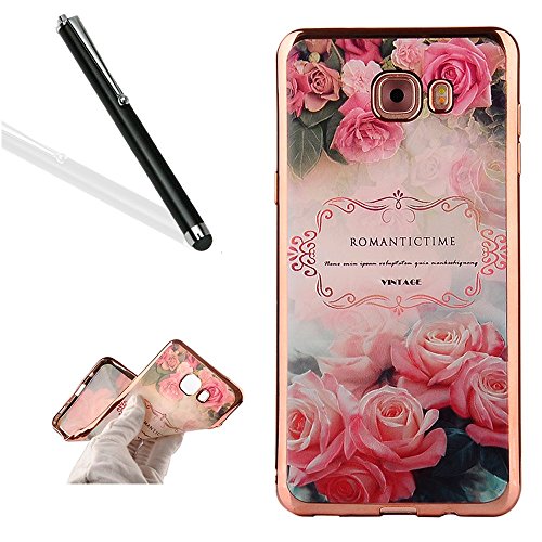Galaxy A5 2017 Silikon Handy Hülle,Leeook Elegant Retro Floral Schön Vogel Rosa Blume Crystal Soft Clear Case Electroplate Plating Rose Gold Frame Scratch-Resistant Bumper Soft Rückseite Cover Tasche Ultradünne Galvanisiergeräte Weicher Gel TPU Tasche Schutzhülle Hülle Tasche für Samsung Galaxy A5 2017 + 1 x Schwarz Eingabestift-Bird Pink Flower