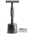 NALACAL Double Edge Safety Razor With Stand, Single Blade Razors for Men and Women, Reusable Metal Razors, with 10 Platinum Coated Safety Razor Blades, Face Razors for Men Shaving, Sustainable (Black)