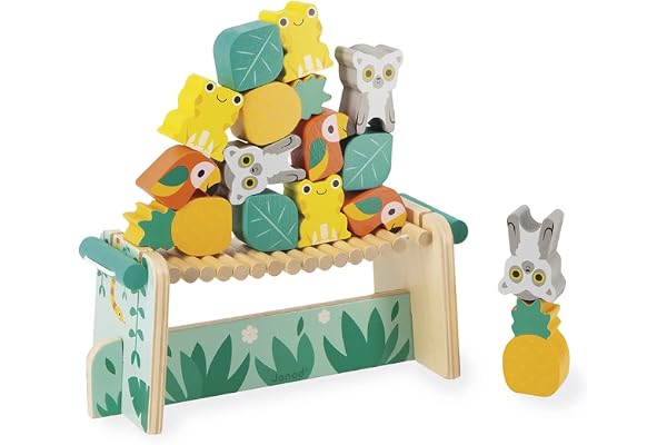 Janod - Jeu d'Equilibre Tropical Tropik - Jouet en Bois - 1 Pont à Construire et 15 pièces à Empiler - Jouet Educatif Motricité Fine - Certifié FSC - Peinture à l'eau - Dès 2 Ans, J08271