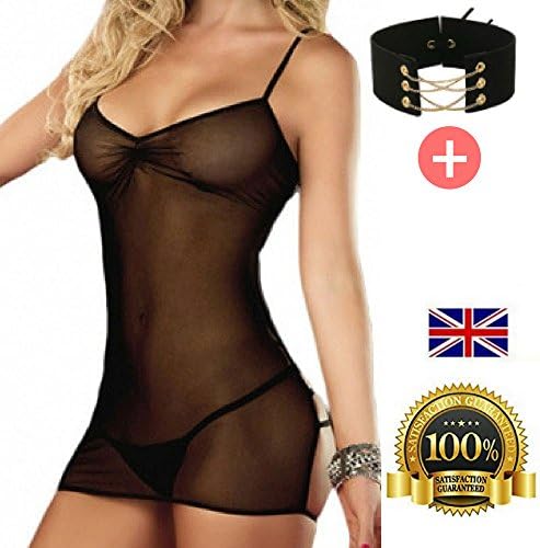 Firekitty Sweetheart Sheer Mesh Open Back Straps Chemise***Bonus Choker***