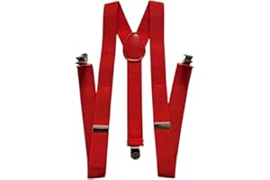 Retro Seventy2 Red Unisex Clip On Fashion Braces with Adjustable Elastic Straps for Trousers Neon Bright Fancy Dress Suspenders