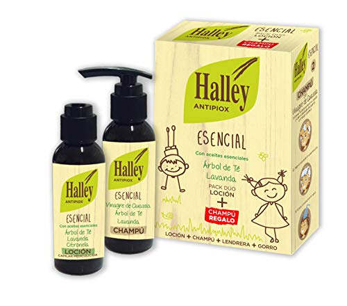 HALLEY ANTIPIOX ESENCIAL PACK: LOCION 100 ML + CHAMPÚ 100 ML +LENDRERA +GORRO (CON ACEITES ESENCIALES)