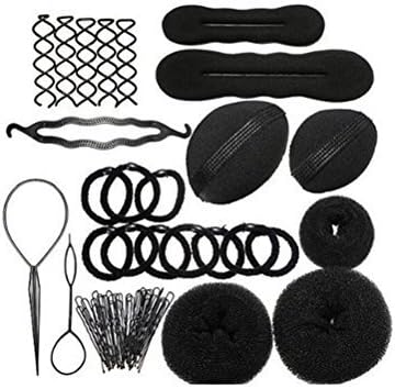 YINGMAN Amazing Value Hairdressers Salons Quality Hair Styling Set Kit In Black Colors With Donuts / Doughnuts, Buns Formers / Makers / Shapers, Twist Braids Clip, Volumes Base, Slides / Pins / Barrettes And Elastic Stretch Bands