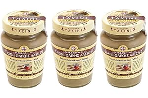 HELLENIKOS 3x Tahini Vollkorn aus Makedonien a 300g (900g) Sesampaste Sesammus Sesam Paste Mus Creme braun Spar Set + Probiersachet Olivenöl aus Kreta 10 ml