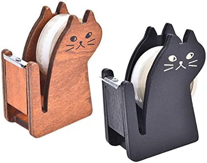 2 Pack Funny Cute Cat Shape Wooden Desktop Tape Dispenser Tape Dispenser /Tape Cutter/Good Quality for School Office Christmas Gift