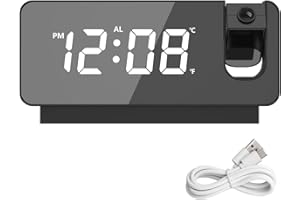 AOHAO Orologio con proiezione, sveglia con proiezione, sveglia a specchio, con indicatore di temperatura e grande display a LED, girevole a 180°, sveglia digitale USB, con proiezione a soffitto (nero)