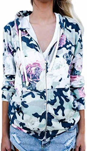 Women Jackets,Womens Long Sleeve Rose Zip Hoodie Damen Outwear (M, Camouflage)