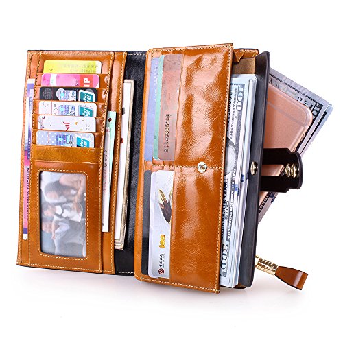 FNTSIC Women's Leather Purse Long Purse Ladies Wallet with Card Holder (Brown)