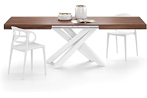 Mobili Fiver, Tavolo Allungabile Emma 160(240) x90 cm, Noce Canaletto con Gambe Incrociate Bianche, per 6-10 persone, Tavolo Cucina, Soggiorno, Made in Italy