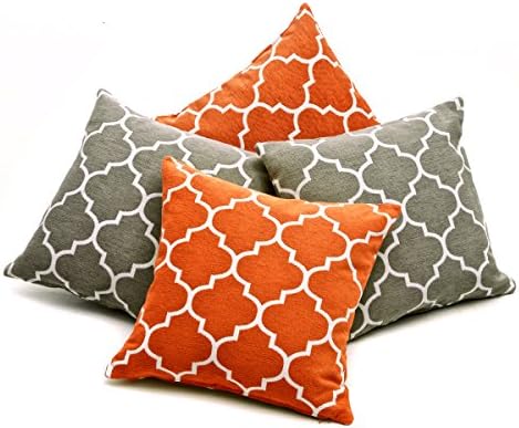 Red Rainbow Set of 4 Orange Grey & White Geometric Design Chenille 18 inch Cushion Covers