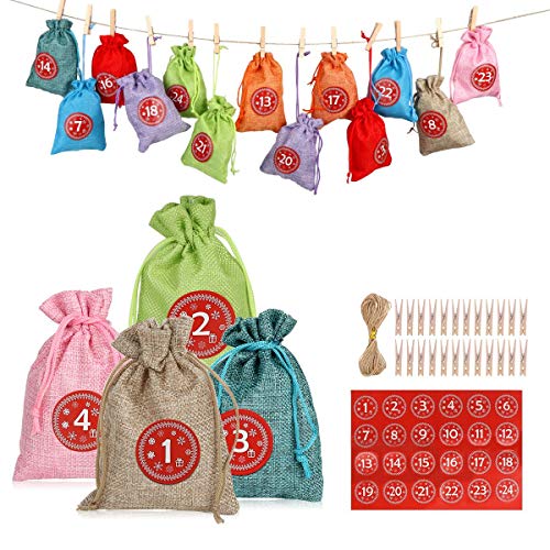 EocuSun Calendrier de l'Avent 2019 à Suspendre avec 24 Jours en Toile de Jute, Sacs de l'Avent avec Cordon de Serrage de 10 m, Sacs Cadeaux, décorations pour Noël, Thanksgiving, Halloween, fête