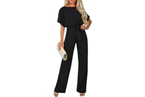 AlvaQ Womens Black Slash Neck Jumpsuit Short Sleeve Belted Romper Loose Casual Playsuit