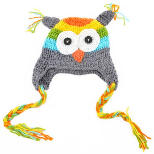 Housweety Cute Handmade Toddler Owls Crochet Knit Woolly Earflap Hat Grey+Blue